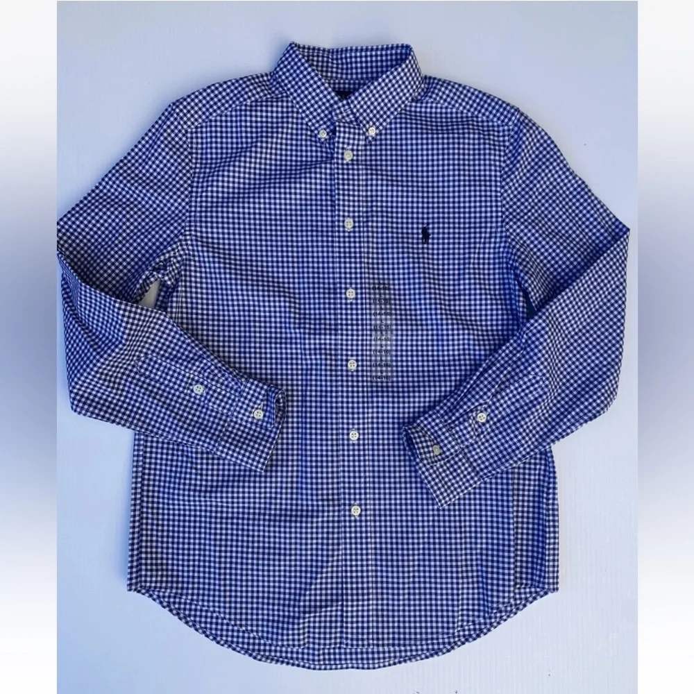 Ralph Lauren Boys Sz Large 14-16 Blue Gingham Button Down Long Sleeve Shirt NWT